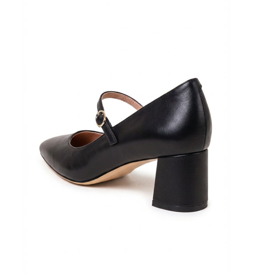 Black Leather Mary Jane Lower Block Heel