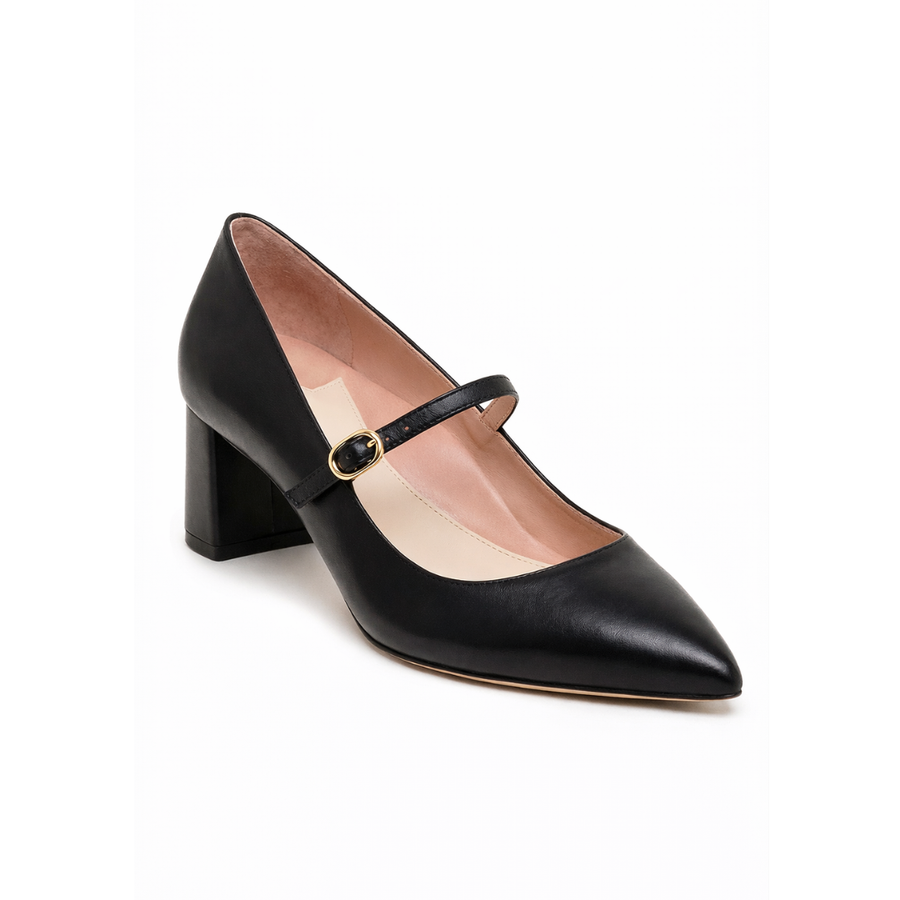 Black Leather Mary Jane Lower Block Heel