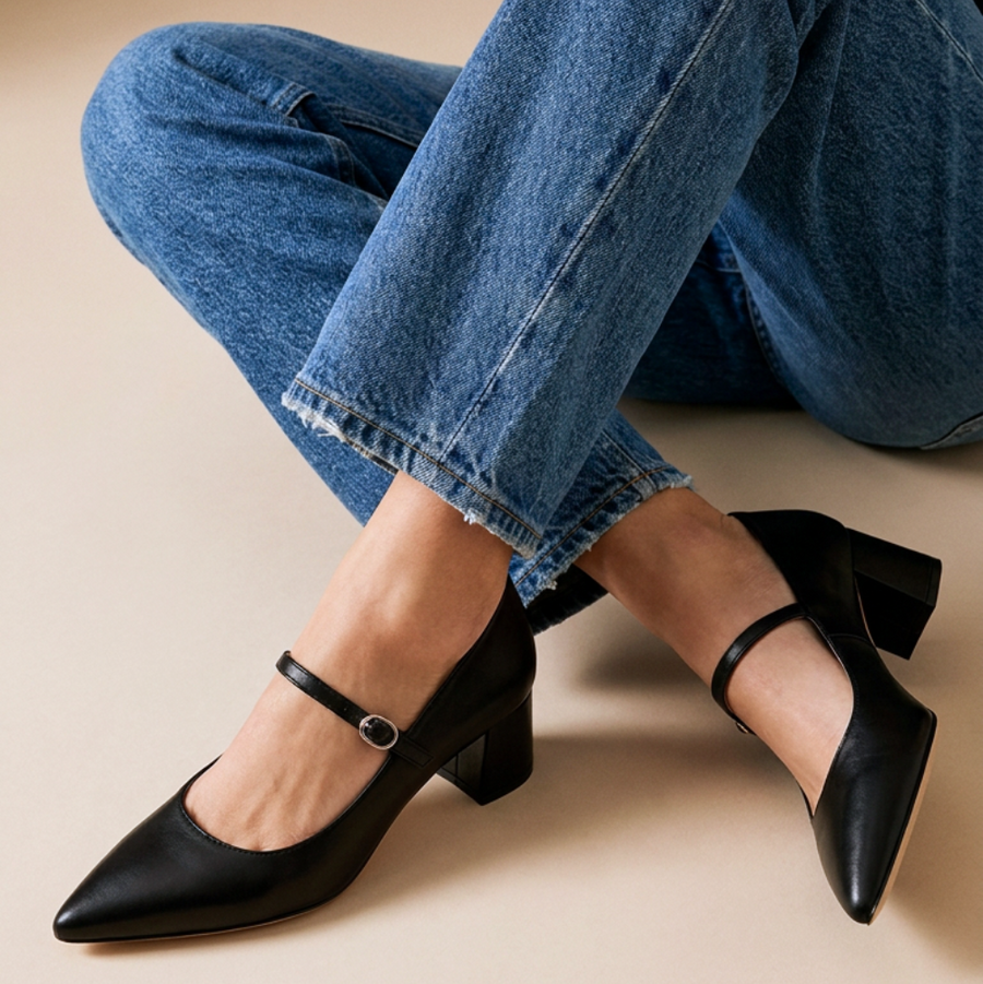 Black Leather Mary Jane Lower Block Heel