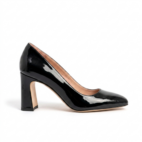 Black Patent Leather Square Toe Bold Block Heel