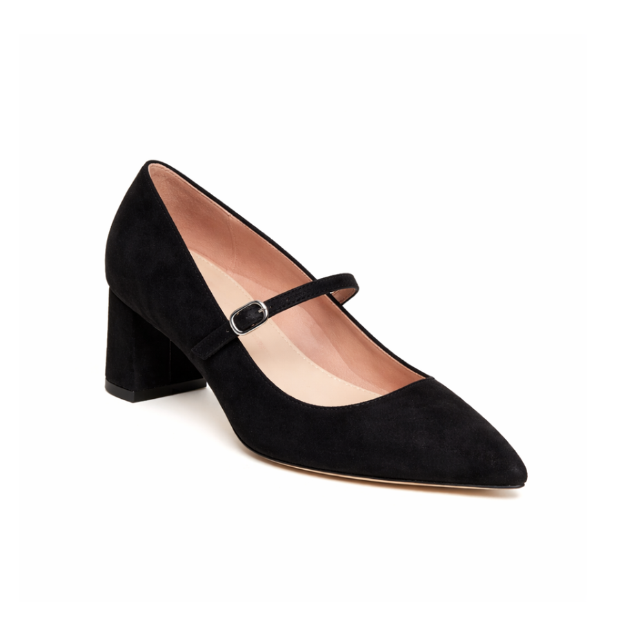 Black Suede Mary Jane Lower Block Heel