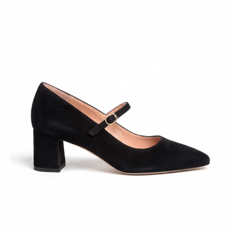 Black Suede Mary Jane Lower Block Heel