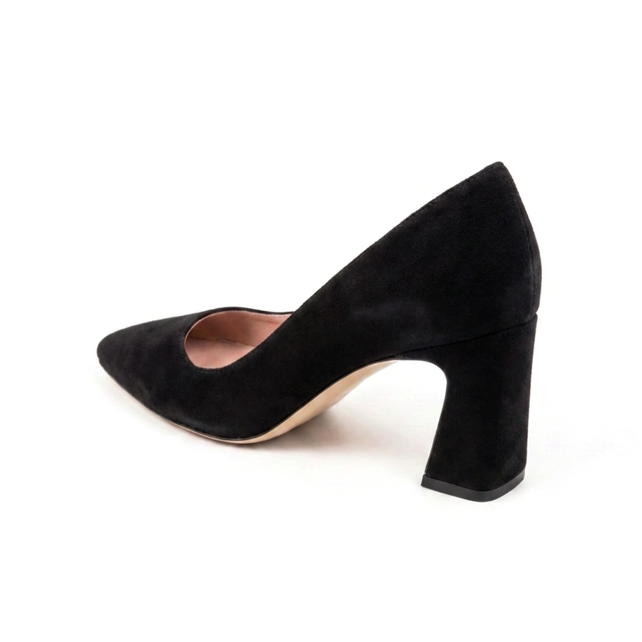 Black Suede Square Toe Bold Block Heel