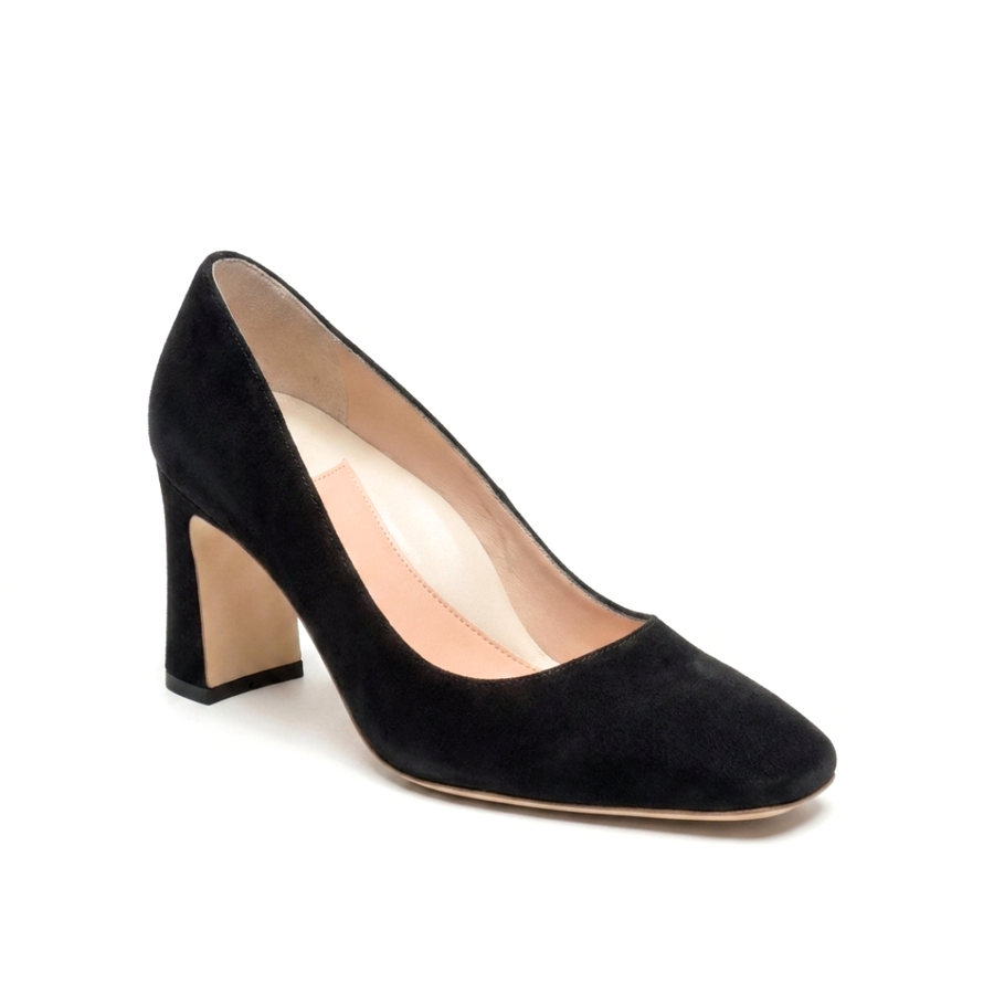 Black Suede Square Toe Bold Block Heel