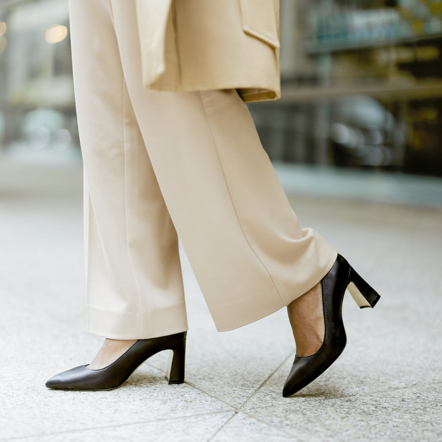 Black Leather Block Heel Pump