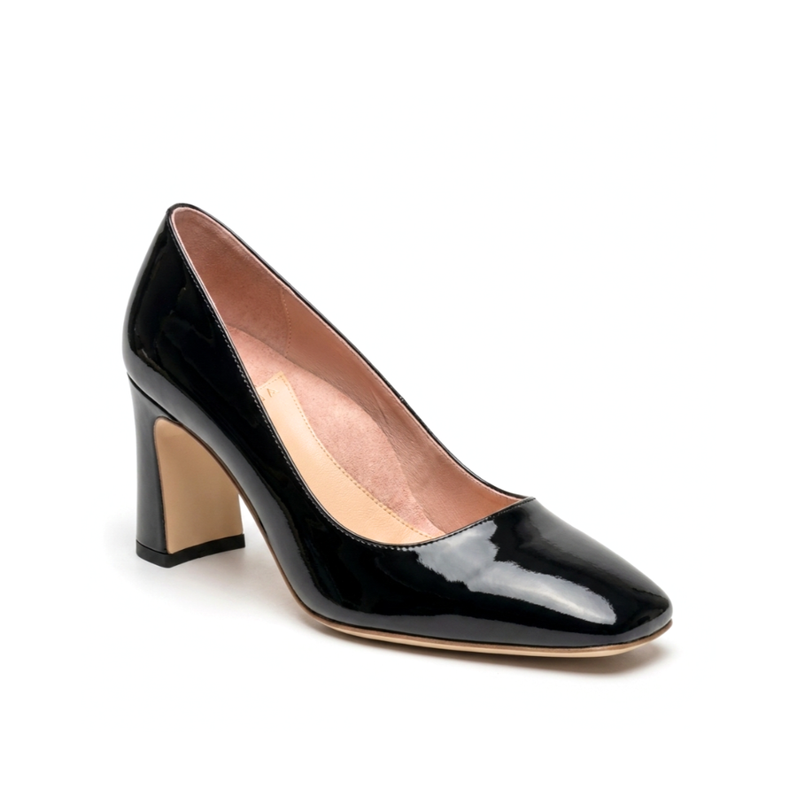 New Black Patent Leather Square Toe Bold Block Heel for a sleek modern look.