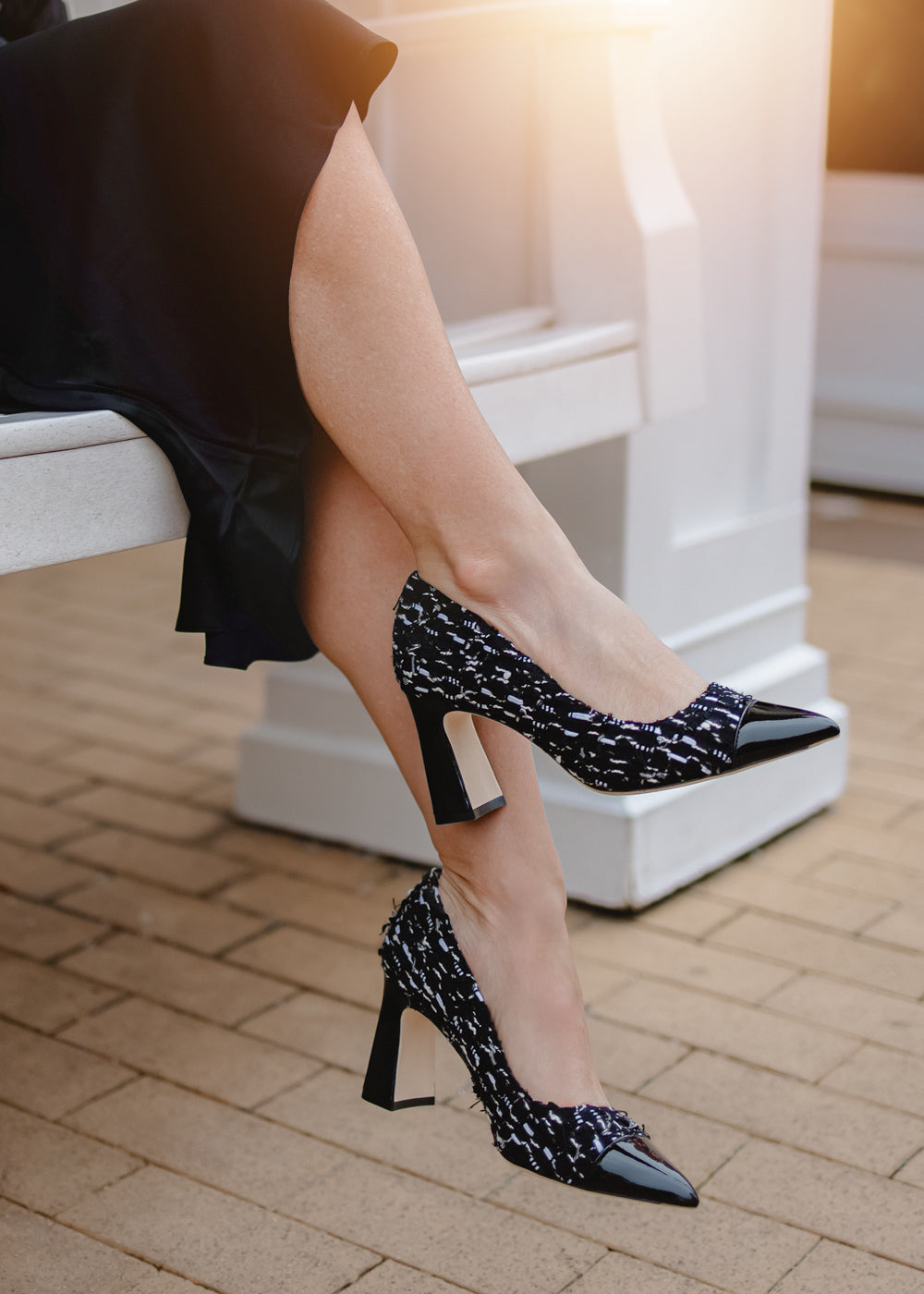 Limited Edition FW'25] Black Fancy Tweed Cap Toe Bold Block Heel