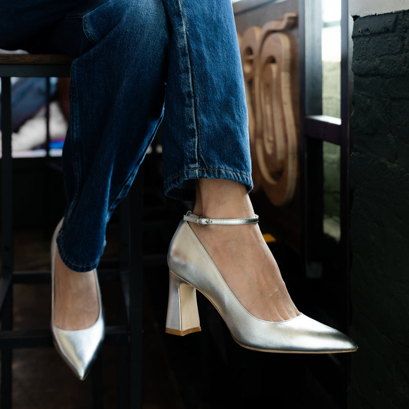 Silver Metallic Leather Bold Block Heel (Silver Metallic Ankle Strap)