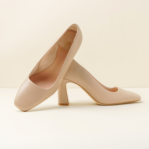 [NEW] Bossy Beige Leather Square Toe Bold Block Heel