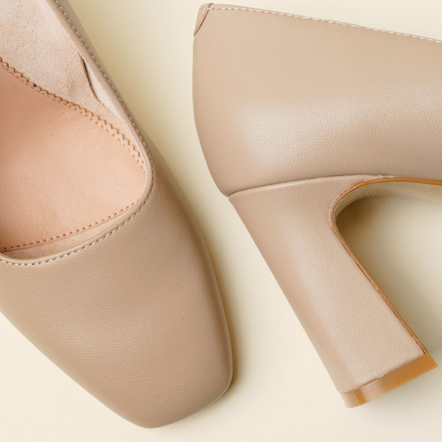 Bossy Beige Leather Square Toe Bold Block Heel