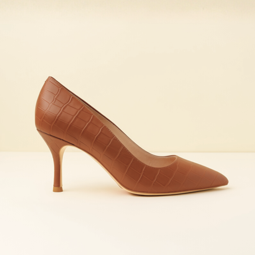 Cognac Embossed Leather Lower Block Heel ALLY Shoes