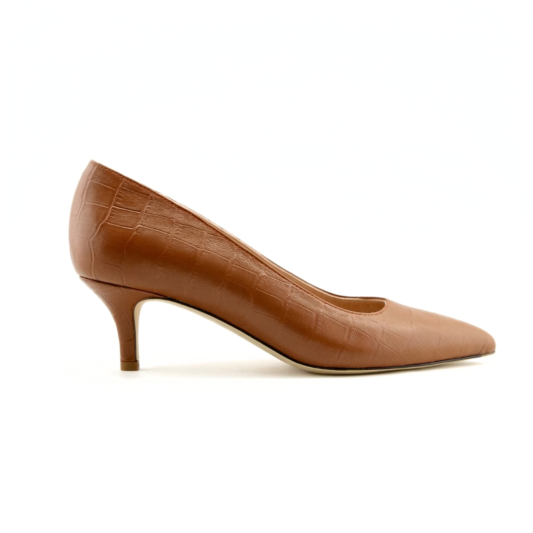 Cognac Embossed Leather Kitten Heel Ally Shoes Cognac Embossed Leather Kitten Heel Ally Shoes