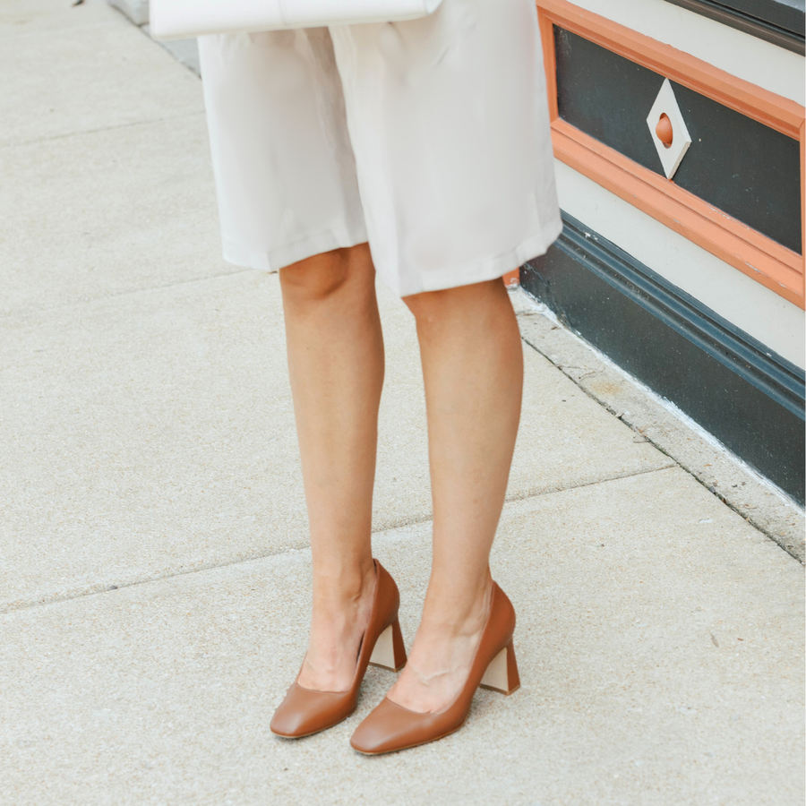 Courageous Caramel Leather Square Toe Bold Block Heel