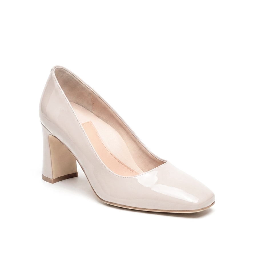 Tender Taupe Patent Leather Square Toe Bold Block Heel