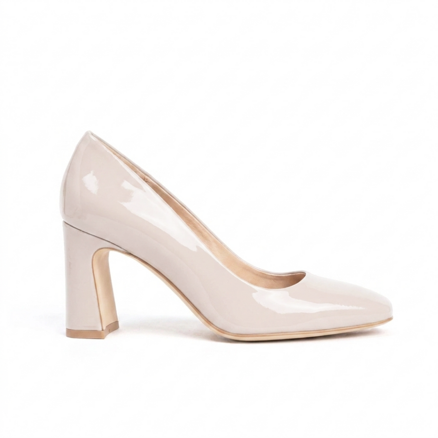 Tender Taupe Patent Leather Square Toe Bold Block Heel