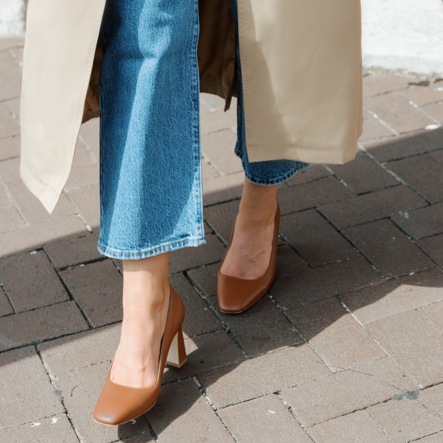 Courageous Caramel Leather Square Toe Bold Block Heel