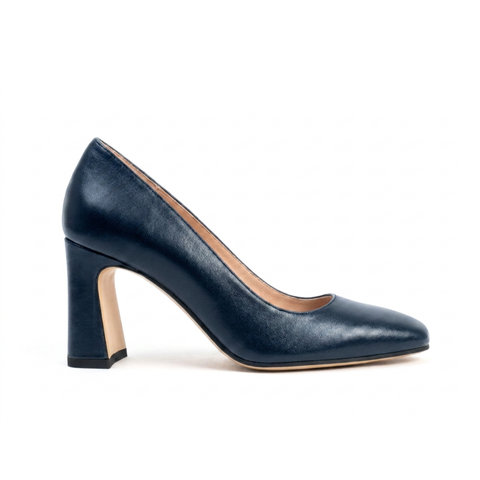 Good Night Navy Leather Square Toe Bold Block Heel