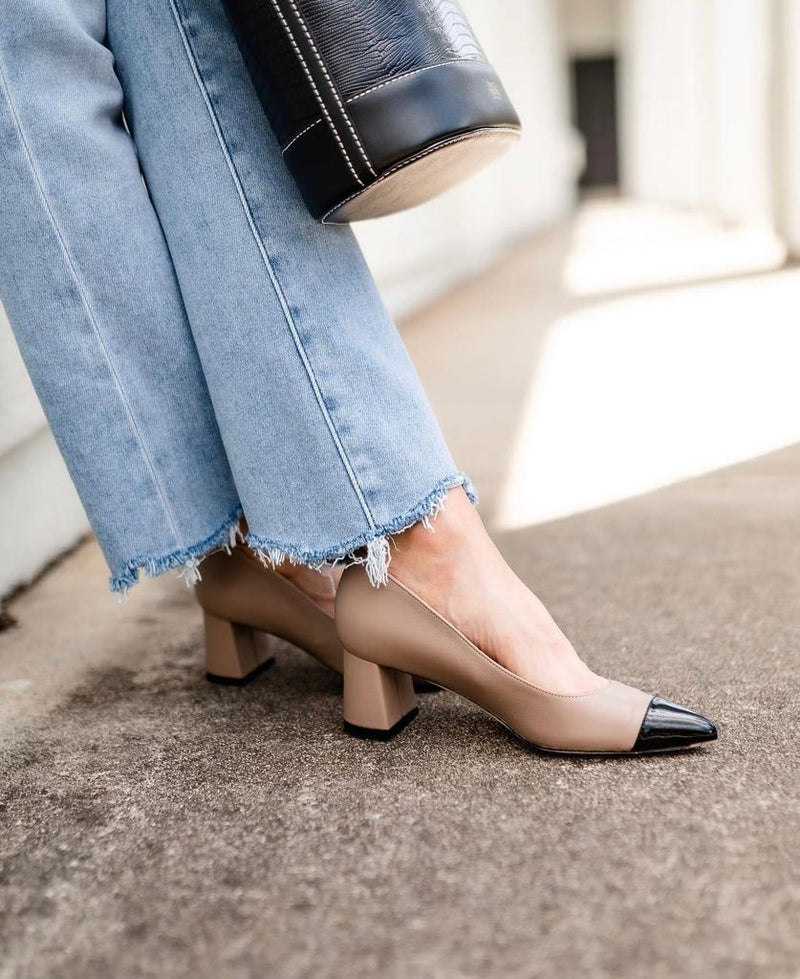 Beige Leather Cap Toe Lower Block Heel Pump | ALLY Shoes