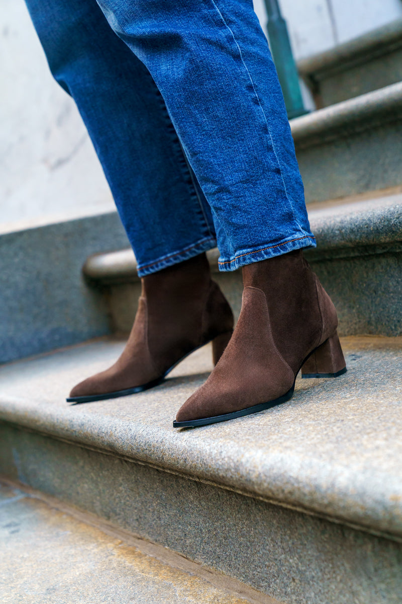 Chocolate Brown Suede Lower Block Sock Bootie