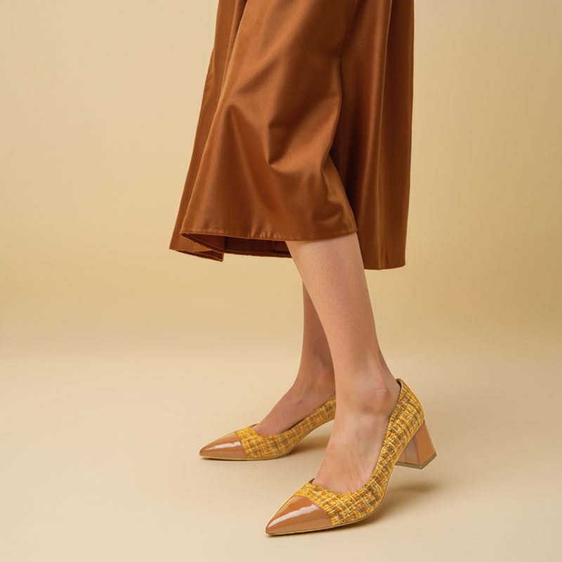 [Limited Edition FW'25] Mustard Tweed Cap Toe Lower Block Heel Pump