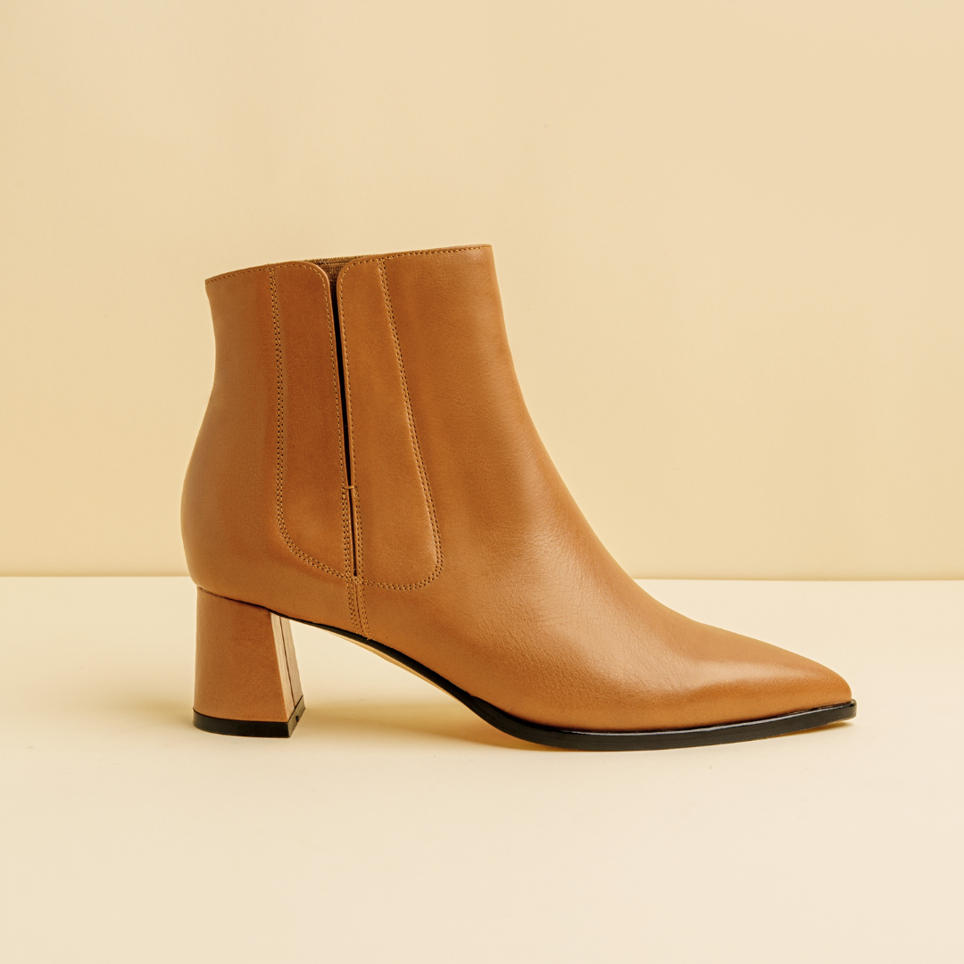 Camel Calf Leather Bold Block Ankle Boot ALLY Shoes