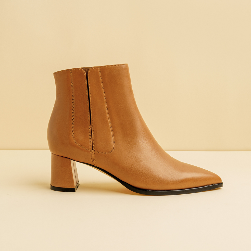 Camel Calf Leather Lower Block Ankle Boot