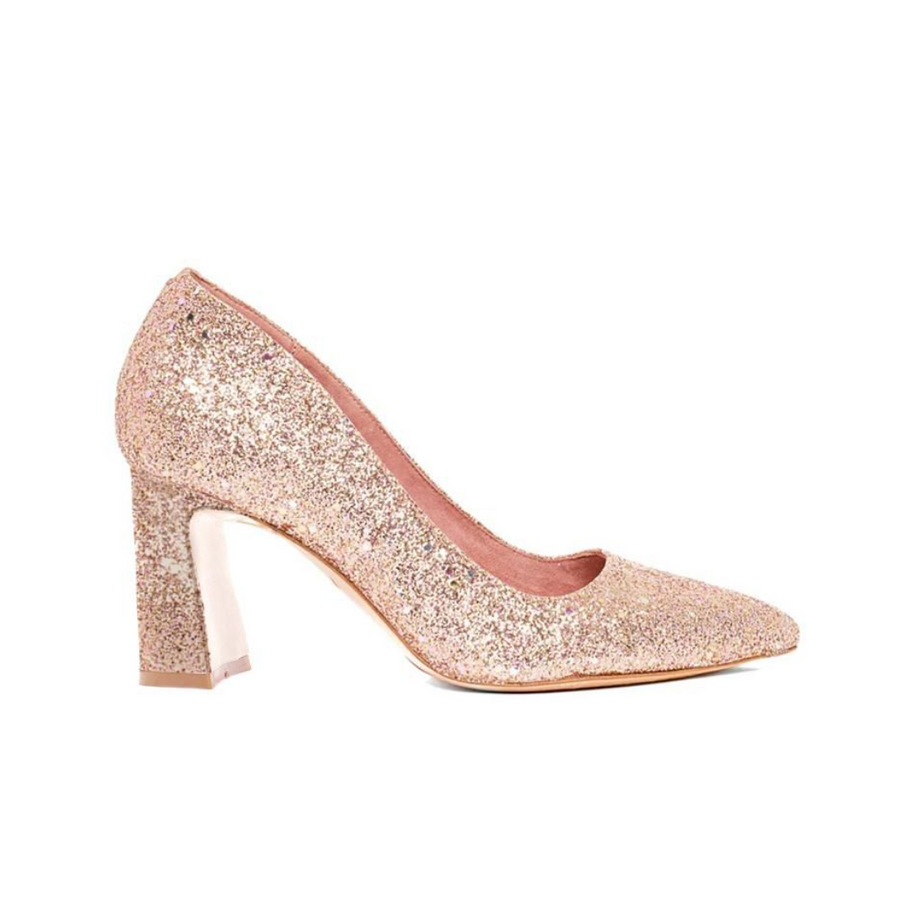 Rose Gold Glitter Block Heel Pump