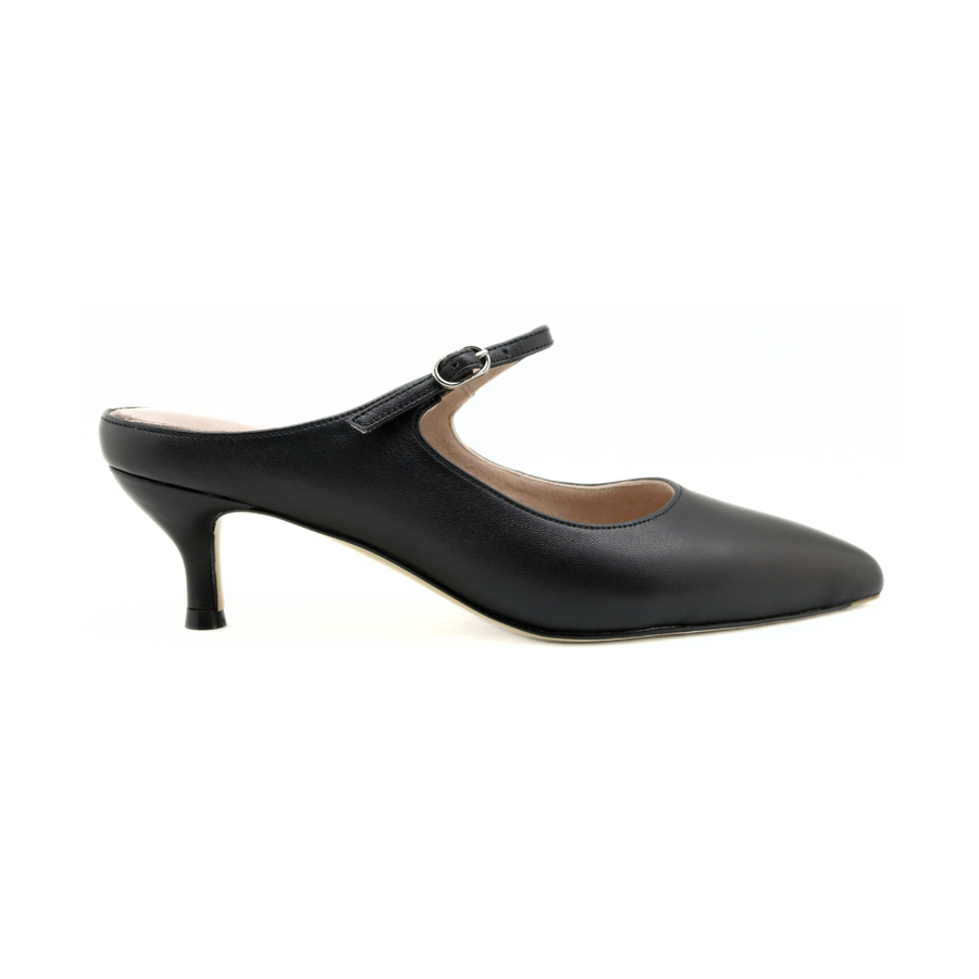 Black Leather Mary Jane Kitten Mule