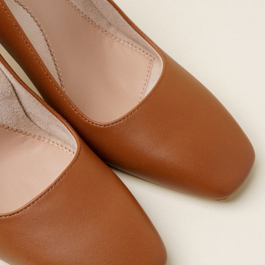 Courageous Caramel Leather Square Toe Bold Block Heel