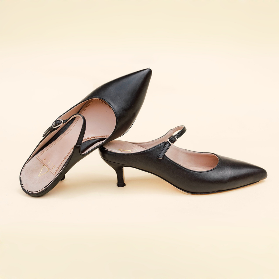 Black Leather Mary Jane Kitten Mule