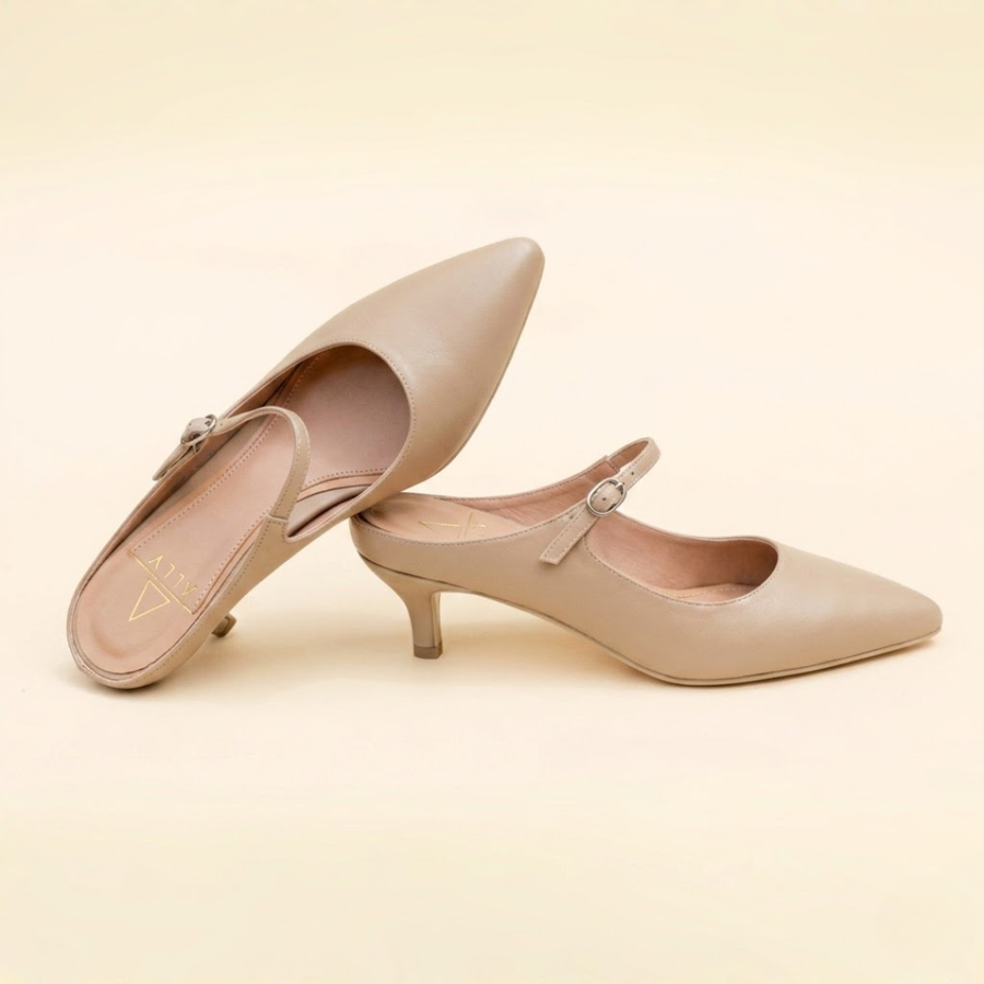 Bossy Beige Leather Mary Jane Kitten Mule