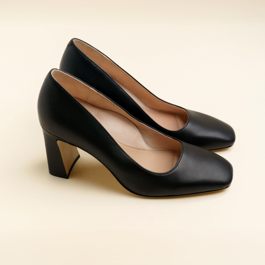 Black Leather Square Toe Bold Block Heel