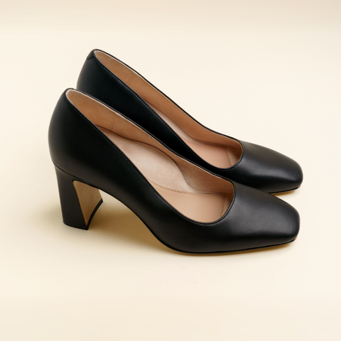 [NEW] Black Leather Square Toe Bold Block Heel