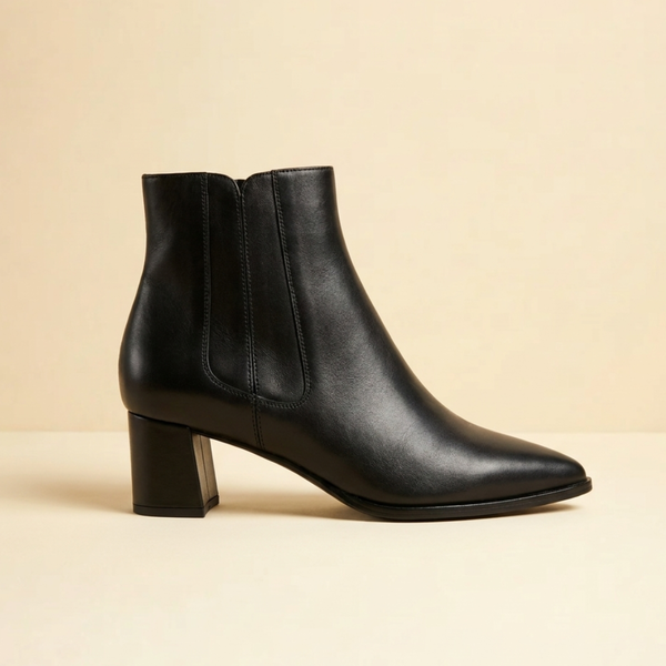 Black Calf Leather Lower Block Ankle Boot