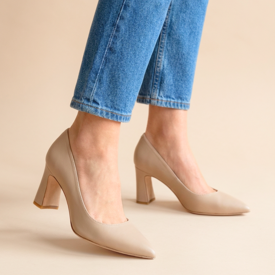 Bossy Beige Leather Block Heel Pump