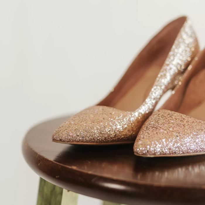 Rose Gold Glitter Block Heel Pump