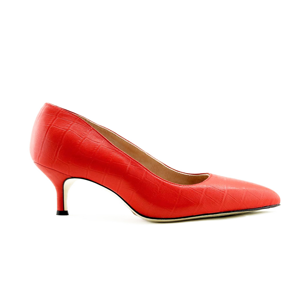 Scarlet Embossed Leather Kitten Heel