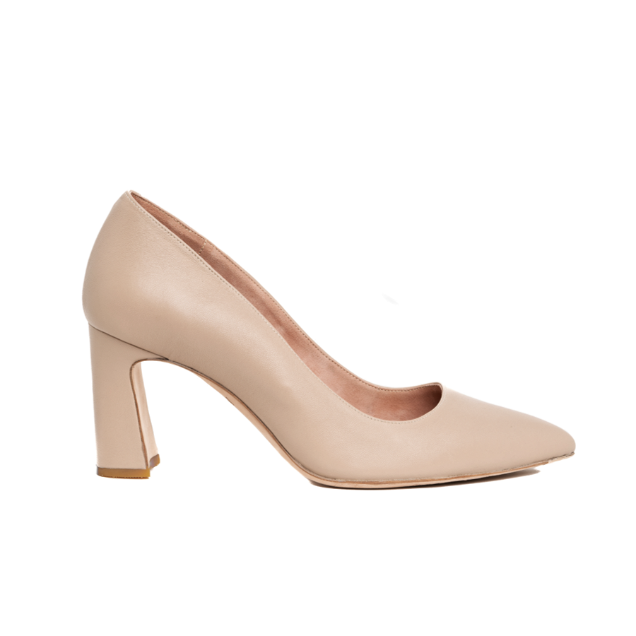 Bossy Beige Leather Block Heel Pump