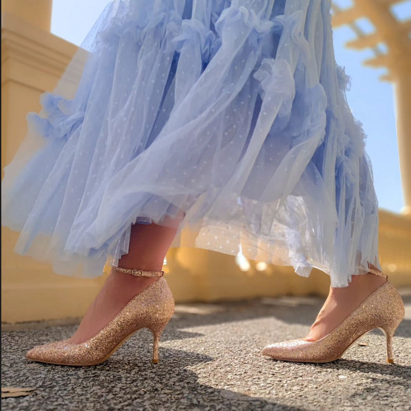 Rose Gold Glitter Ankle Strap Pump