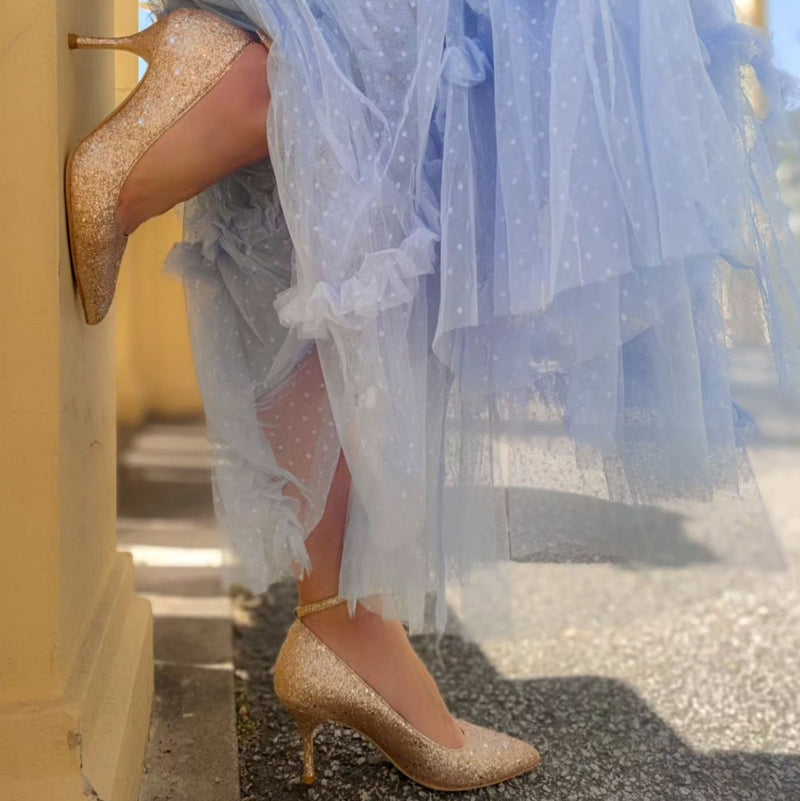 Rose Gold Glitter Ankle Strap Pump
