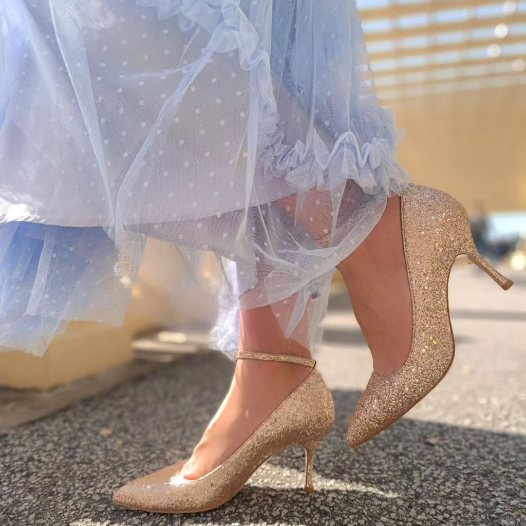 Rose Gold Glitter Ankle Strap Pump