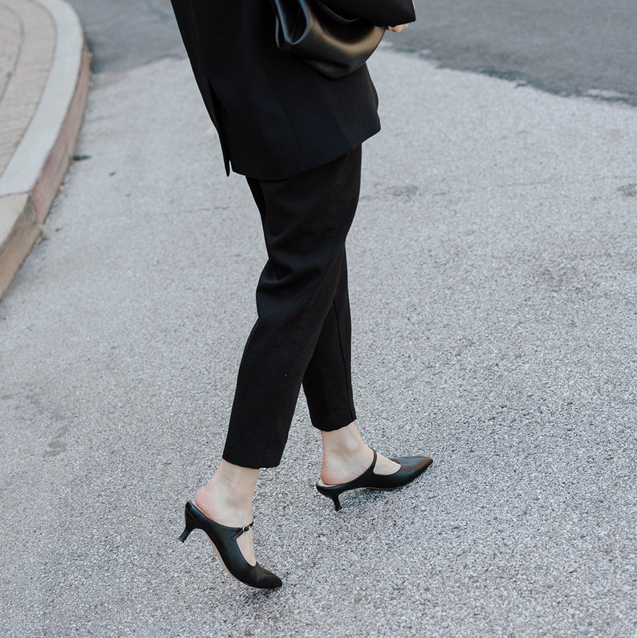 Black Leather Mary Jane Kitten Mule