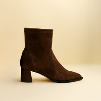 Chocolate Brown Suede Lower Block Sock Bootie