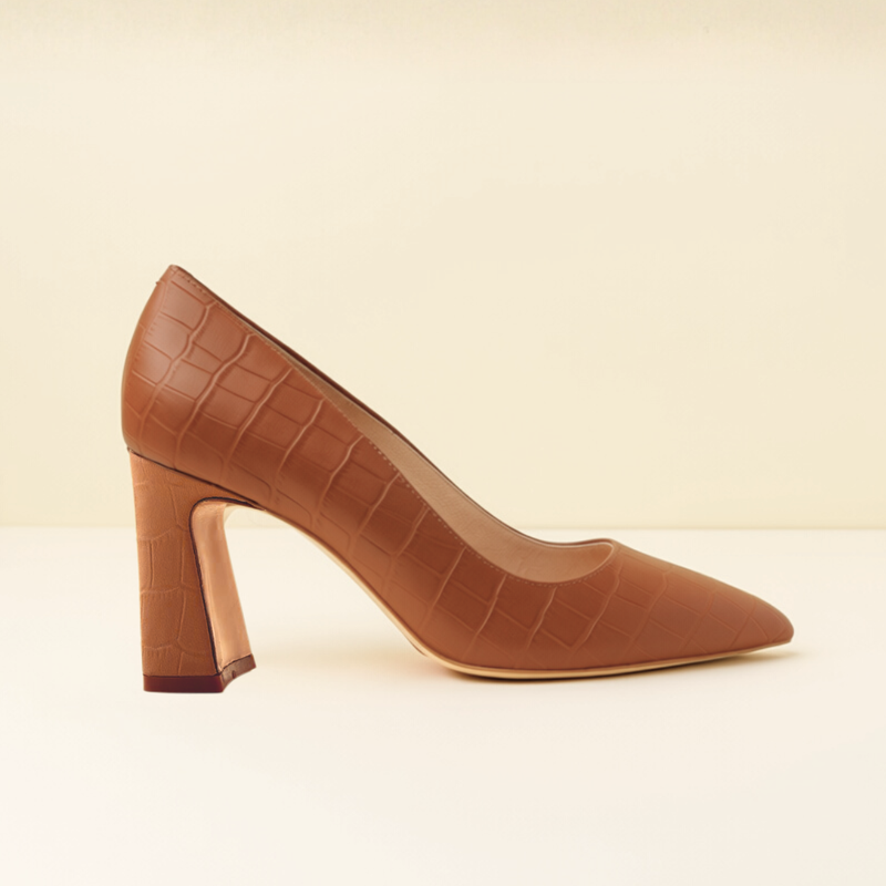 Cognac Embossed Leather Bold Block Heel