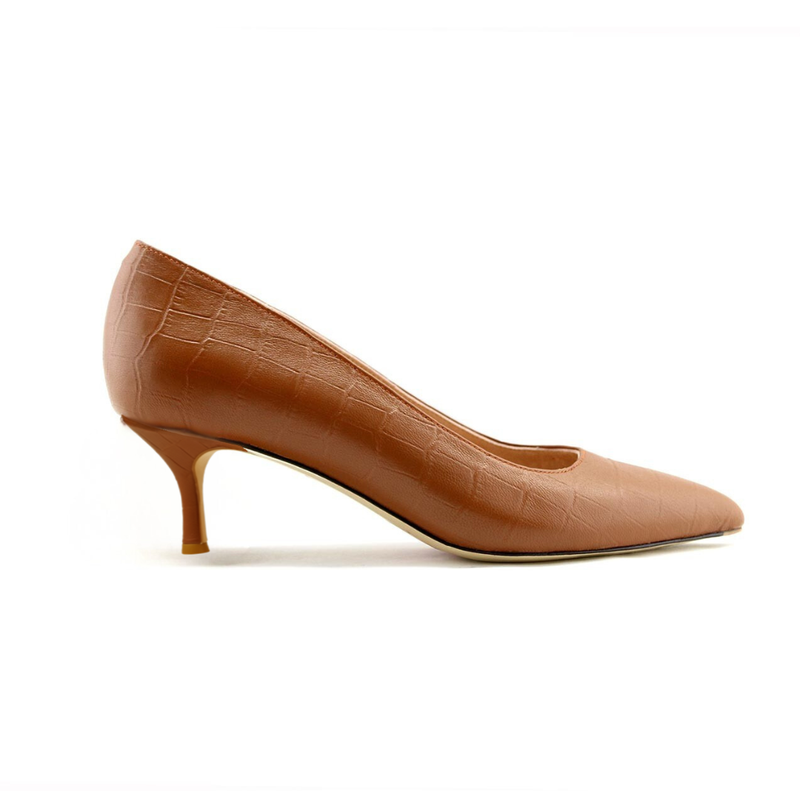 Cognac Embossed Leather Kitten Heel