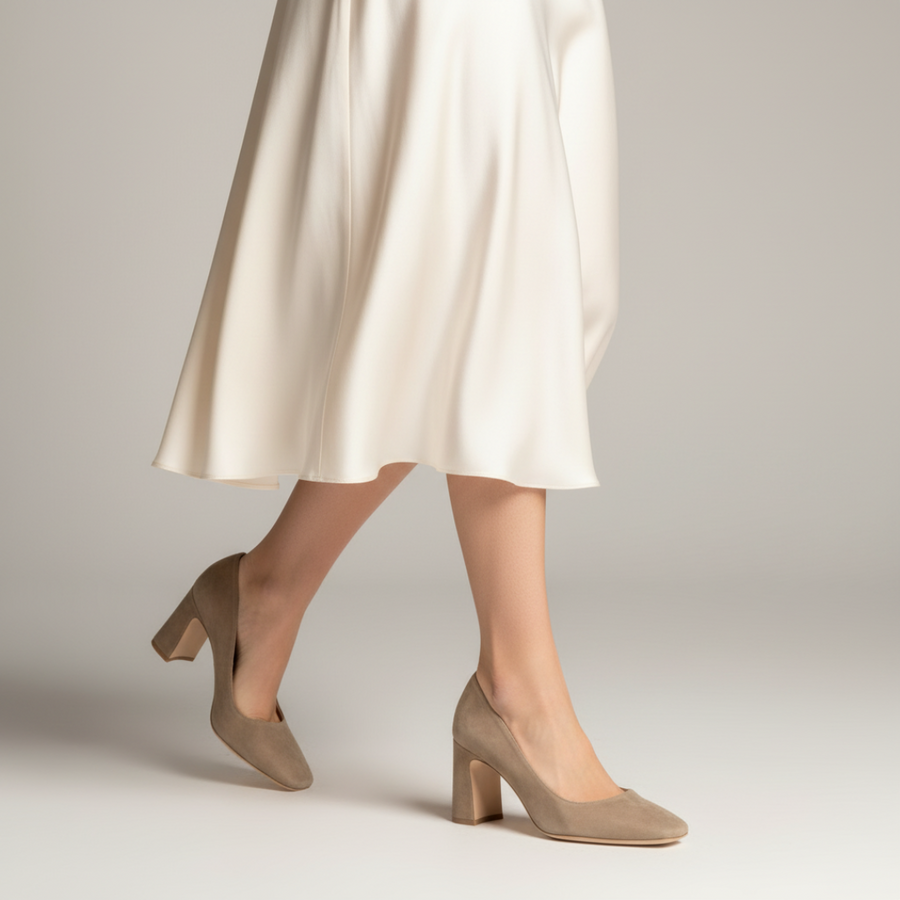 Tenacious Tan Suede Square Toe Bold Block Heel