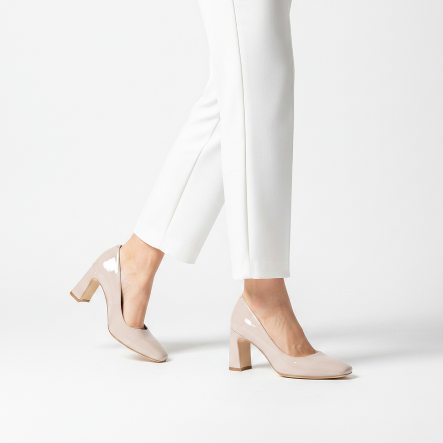 Tender Taupe Patent Leather Square Toe Bold Block Heel