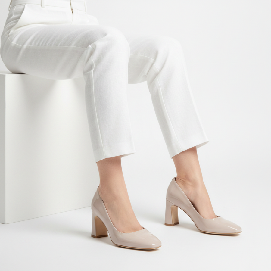 Tender Taupe Patent Leather Square Toe Bold Block Heel