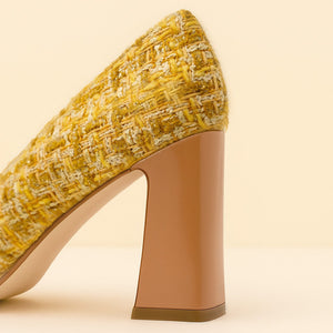 [NEW Limited Edition FW'25] Mustard Tweed Cap Toe Bold Block Heel Pump
