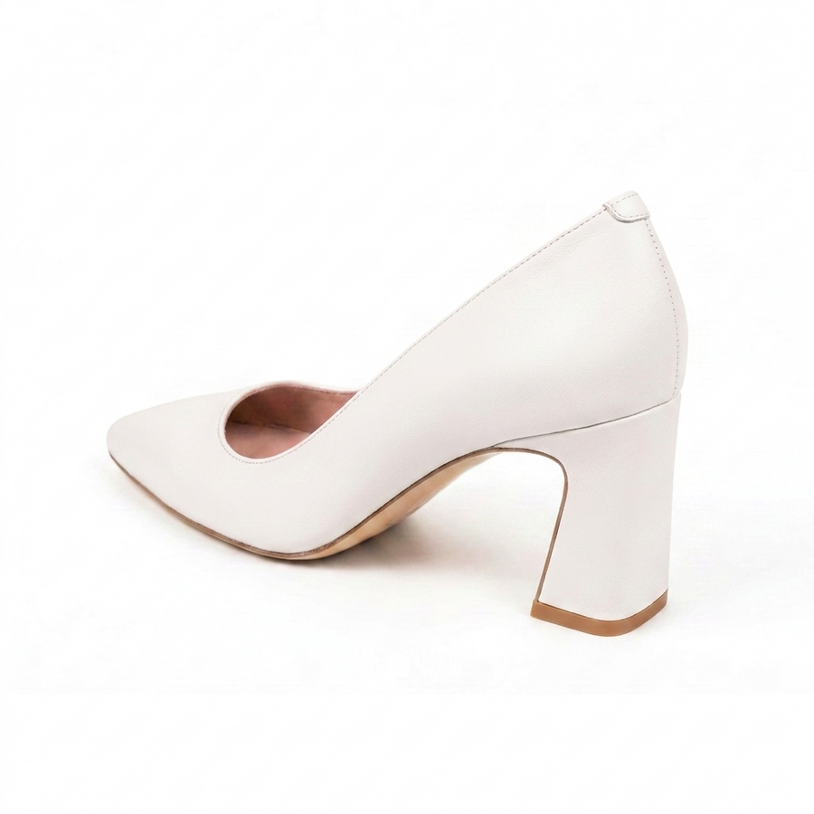 White Leather Square Toe Bold Block Heel